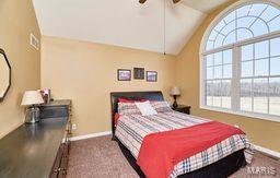 carpeted bedroom featuring baseboards and vaulted ceiling