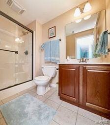 full bath with vanity, visible vents, a stall shower, tile patterned floors, and toilet