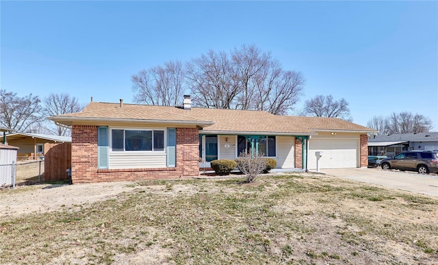 ranch-style home with fence, driveway, a chimney, a garage, and brick siding