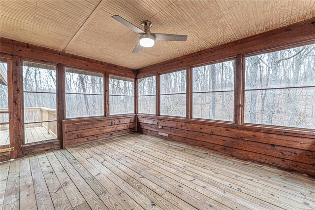 unfurnished sunroom with wooden ceiling and ceiling fan