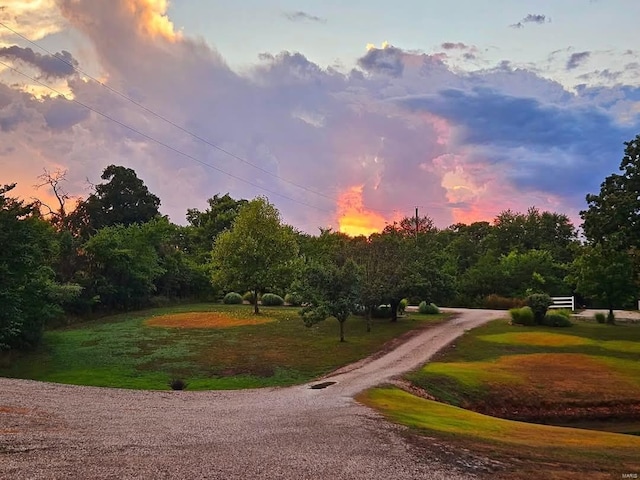 view of home's community with driveway and a lawn