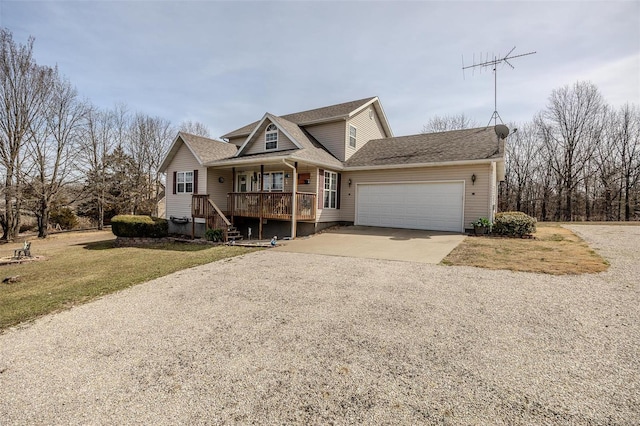 view of front of house with a shingled roof, covered porch, concrete driveway, a front yard, and an attached garage