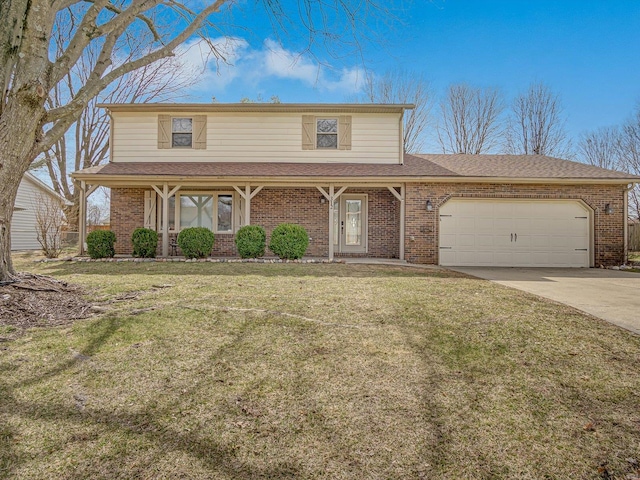 traditional-style house featuring a garage, brick siding, concrete driveway, and a front lawn