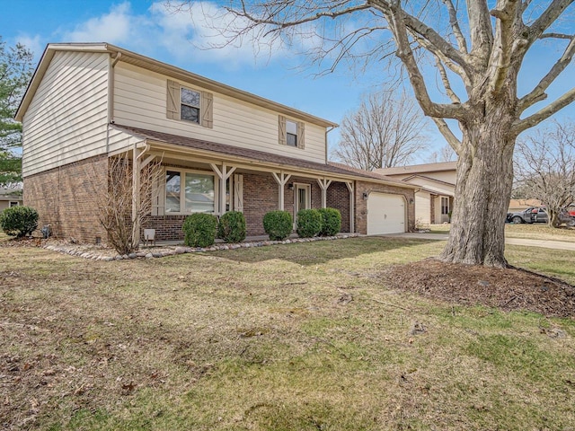 traditional home featuring driveway, a porch, a front yard, an attached garage, and brick siding