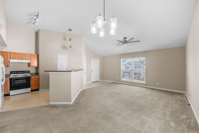 kitchen featuring electric stove, light colored carpet, freestanding refrigerator, under cabinet range hood, and ceiling fan with notable chandelier