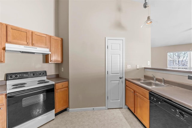 kitchen featuring black dishwasher, electric stove, a sink, high vaulted ceiling, and under cabinet range hood