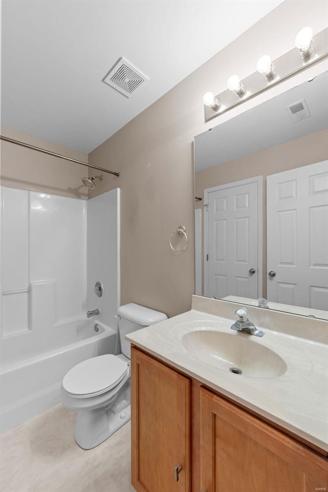 full bathroom with toilet, shower / bath combination, vanity, and visible vents