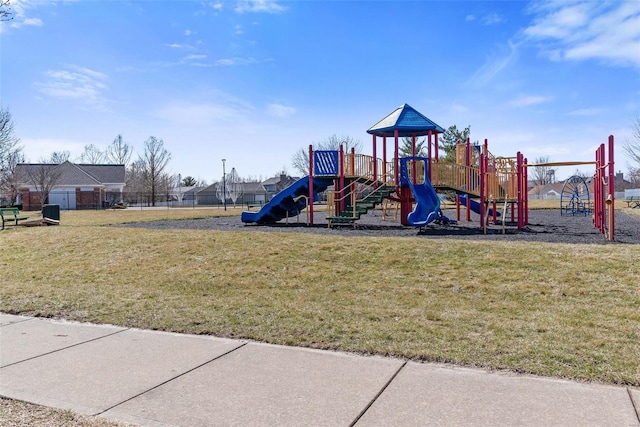 community jungle gym with a lawn