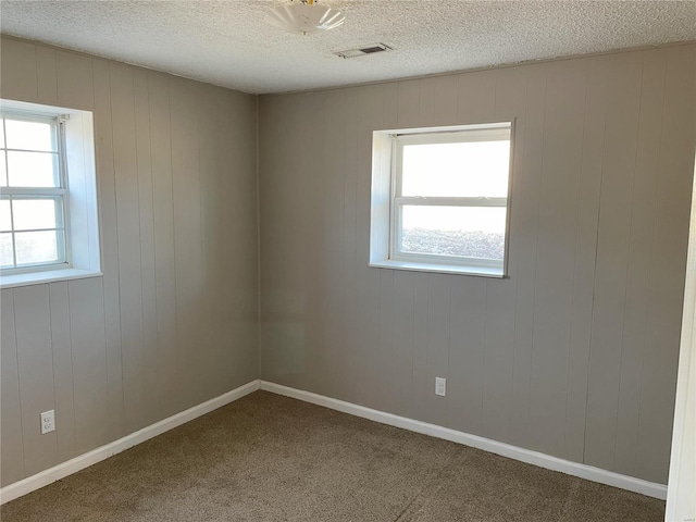 empty room featuring visible vents, plenty of natural light, a textured ceiling, and carpet