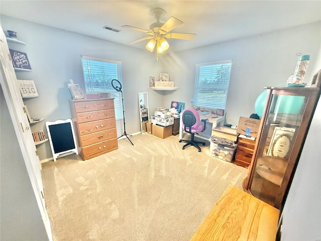 carpeted home office featuring ceiling fan, a wealth of natural light, visible vents, and baseboards