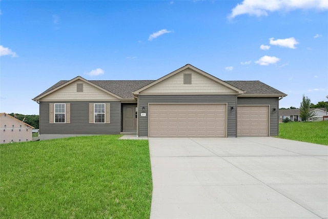 single story home featuring an attached garage, driveway, a front lawn, and a shingled roof