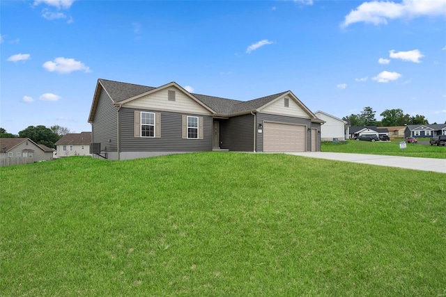 ranch-style home featuring an attached garage, driveway, a front lawn, and a shingled roof