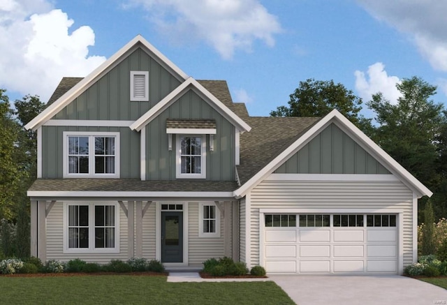 view of front of house with roof with shingles, an attached garage, board and batten siding, driveway, and a front lawn