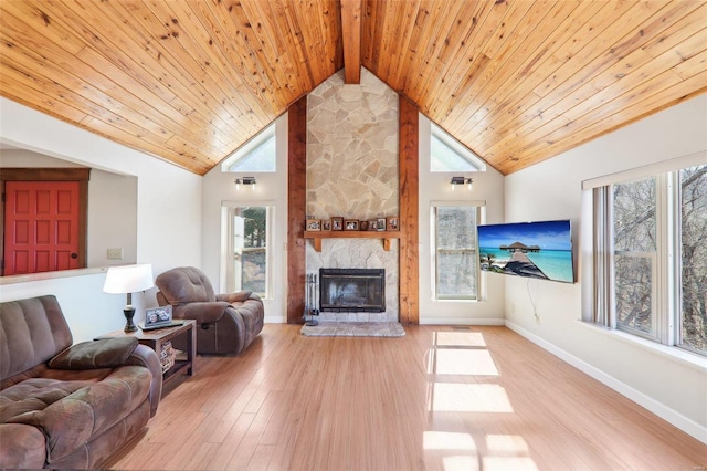 living room with wood ceiling, plenty of natural light, and wood finished floors