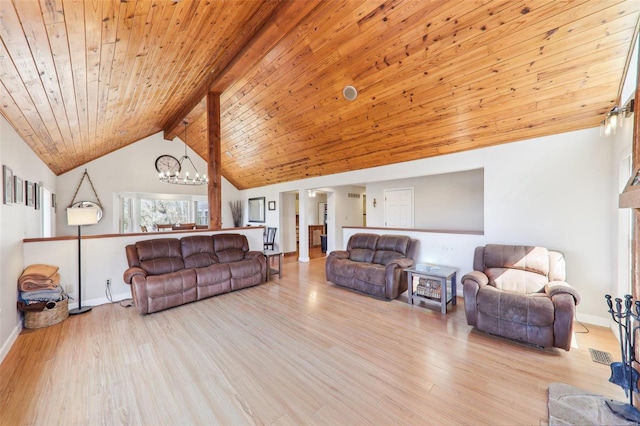 living area with wood finished floors, baseboards, high vaulted ceiling, wood ceiling, and beamed ceiling