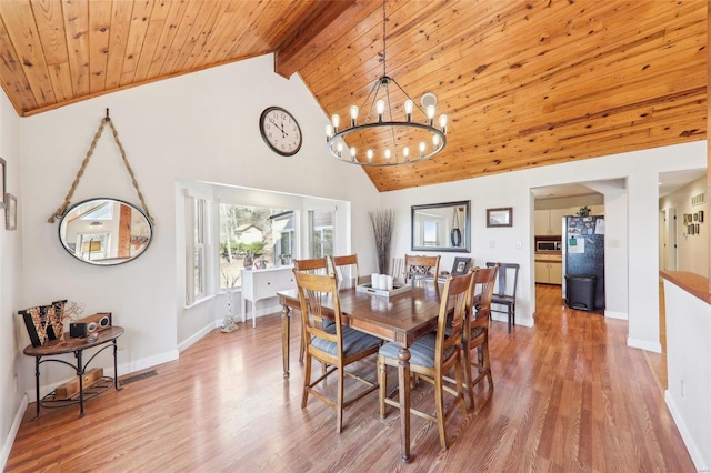 dining area featuring beam ceiling, wooden ceiling, baseboards, and wood finished floors