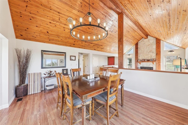 dining room with beamed ceiling, wood finished floors, a stone fireplace, baseboards, and wood ceiling