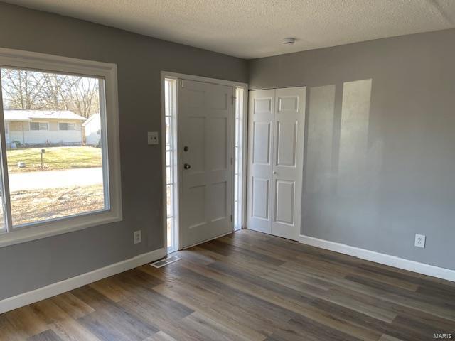 foyer featuring plenty of natural light, dark wood finished floors, and baseboards