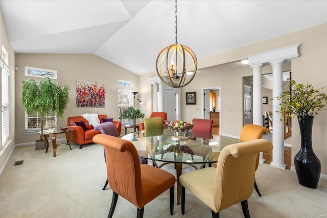 dining space with light colored carpet, lofted ceiling, visible vents, and decorative columns