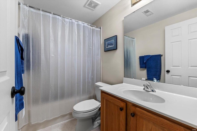 bathroom featuring shower / bath combination with curtain, visible vents, vanity, and toilet