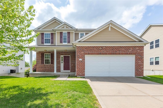 view of front of house with concrete driveway, brick siding, covered porch, and a front lawn