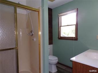 bathroom featuring toilet, a stall shower, and vanity