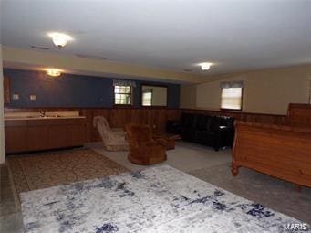 living room with wainscoting and wood walls