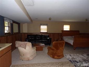 bedroom featuring a wainscoted wall, wooden walls, and multiple windows