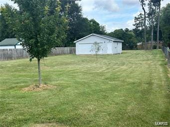 view of yard featuring an outdoor structure and a fenced backyard