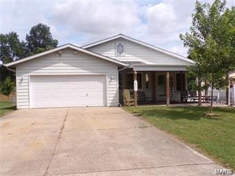 ranch-style home featuring covered porch, concrete driveway, a front yard, and a garage