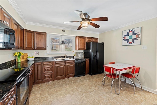 kitchen with a sink, a ceiling fan, ornamental molding, black appliances, and dark countertops