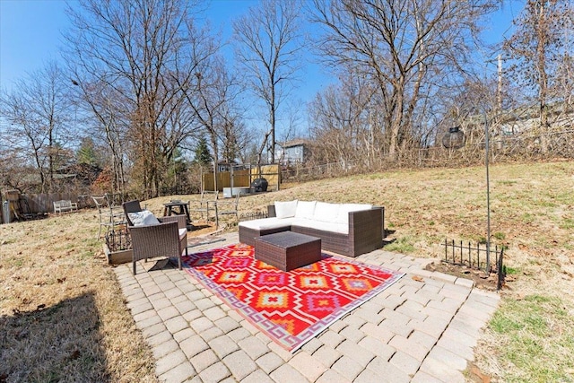 view of patio with a fenced backyard and an outdoor hangout area