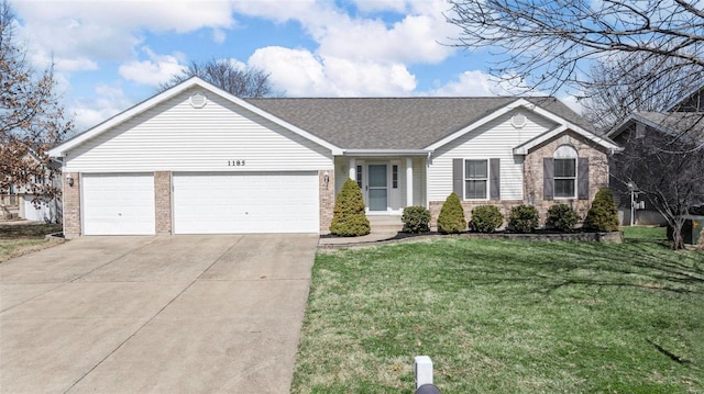 single story home featuring a front yard, a shingled roof, concrete driveway, a garage, and brick siding