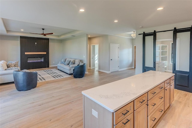 kitchen featuring a barn door, a raised ceiling, open floor plan, a center island, and light wood-type flooring