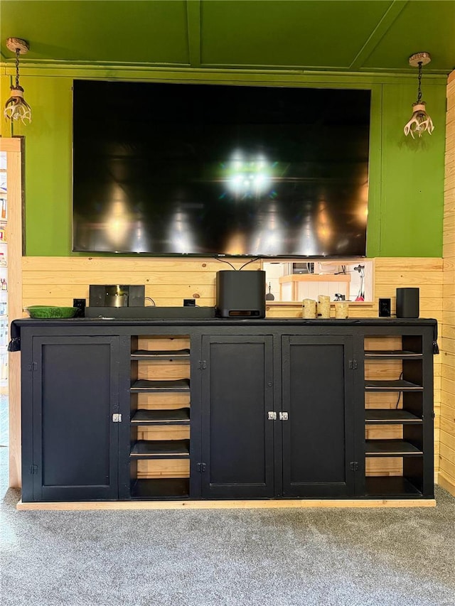 bar with wood walls and carpet