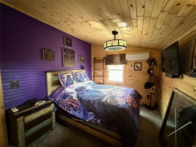 carpeted bedroom featuring vaulted ceiling, wood ceiling, a wall unit AC, and wood walls