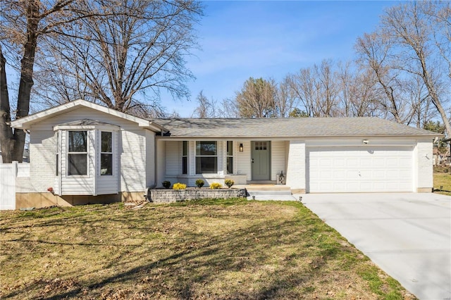 ranch-style house featuring brick siding, fence, concrete driveway, a front yard, and a garage