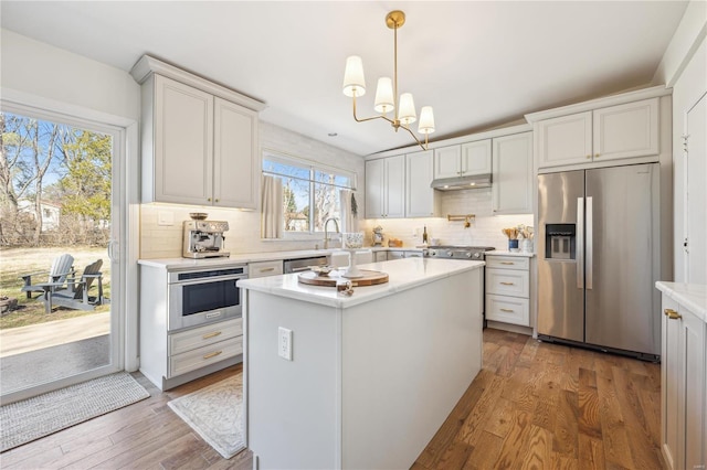 kitchen featuring under cabinet range hood, stainless steel appliances, wood finished floors, and light countertops