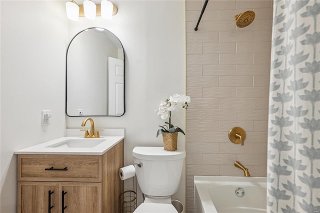 full bathroom with toilet, vanity, and shower / bathtub combination with curtain