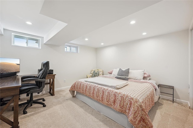 bedroom featuring recessed lighting, baseboards, and light carpet