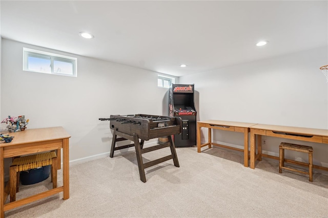 recreation room featuring recessed lighting, carpet, and baseboards