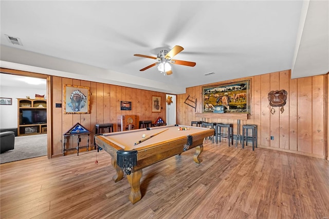 recreation room with visible vents, billiards, ceiling fan, and wood finished floors