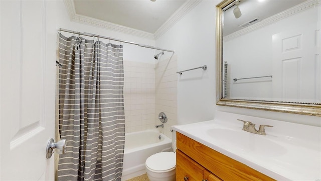 bathroom featuring visible vents, toilet, ornamental molding, shower / bath combination with curtain, and vanity