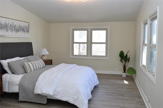 bedroom featuring multiple windows, baseboards, and wood finished floors