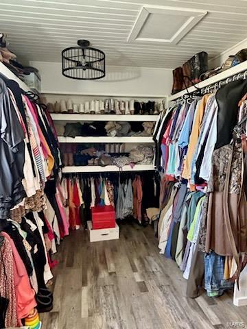 spacious closet featuring attic access and wood finished floors