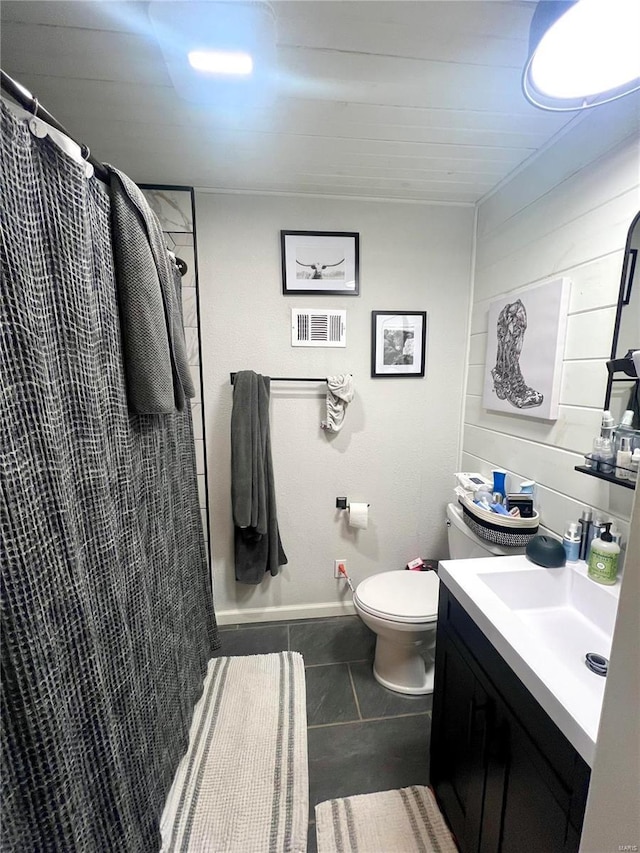 bathroom featuring visible vents, toilet, curtained shower, tile patterned flooring, and vanity