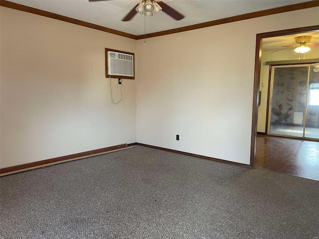 unfurnished room featuring a ceiling fan, baseboards, crown molding, and an AC wall unit