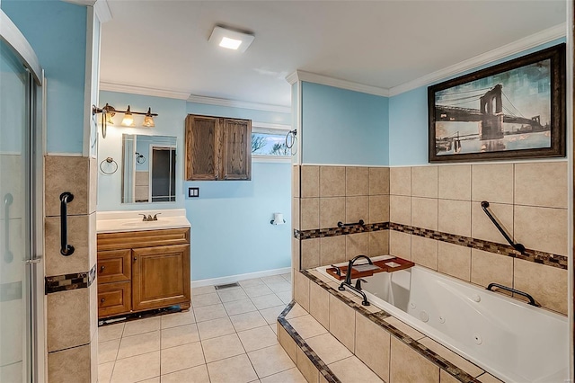 full bathroom with vanity, tile patterned floors, crown molding, and a whirlpool tub