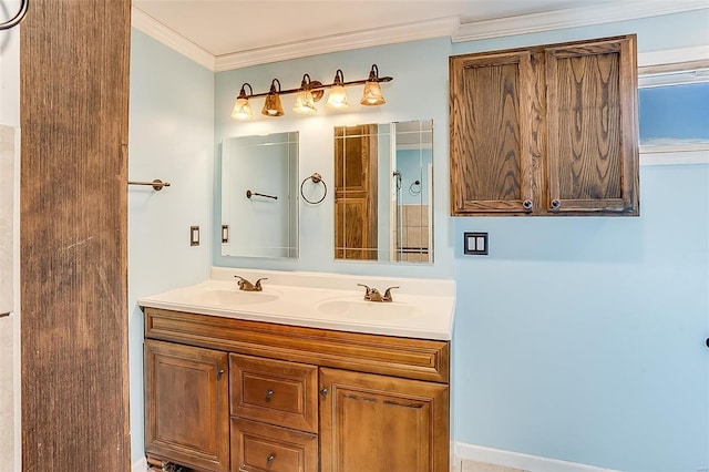 bathroom with a sink, double vanity, and crown molding