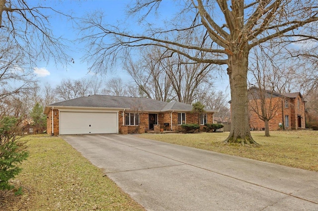 ranch-style house featuring a garage, driveway, a front lawn, and brick siding